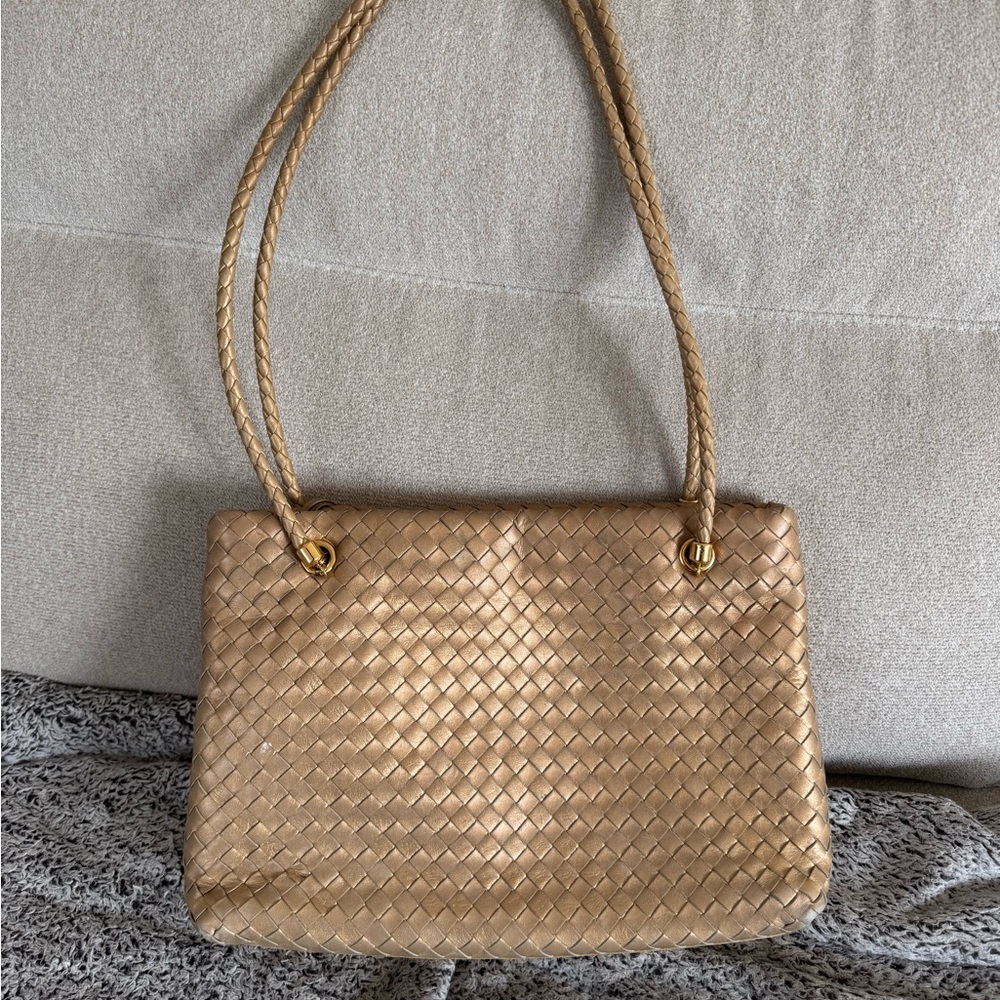 Bottega Veneta Vintage Gold Woven Intrecciato Leather Double Strap Bag authentic - Picture 3 of 12